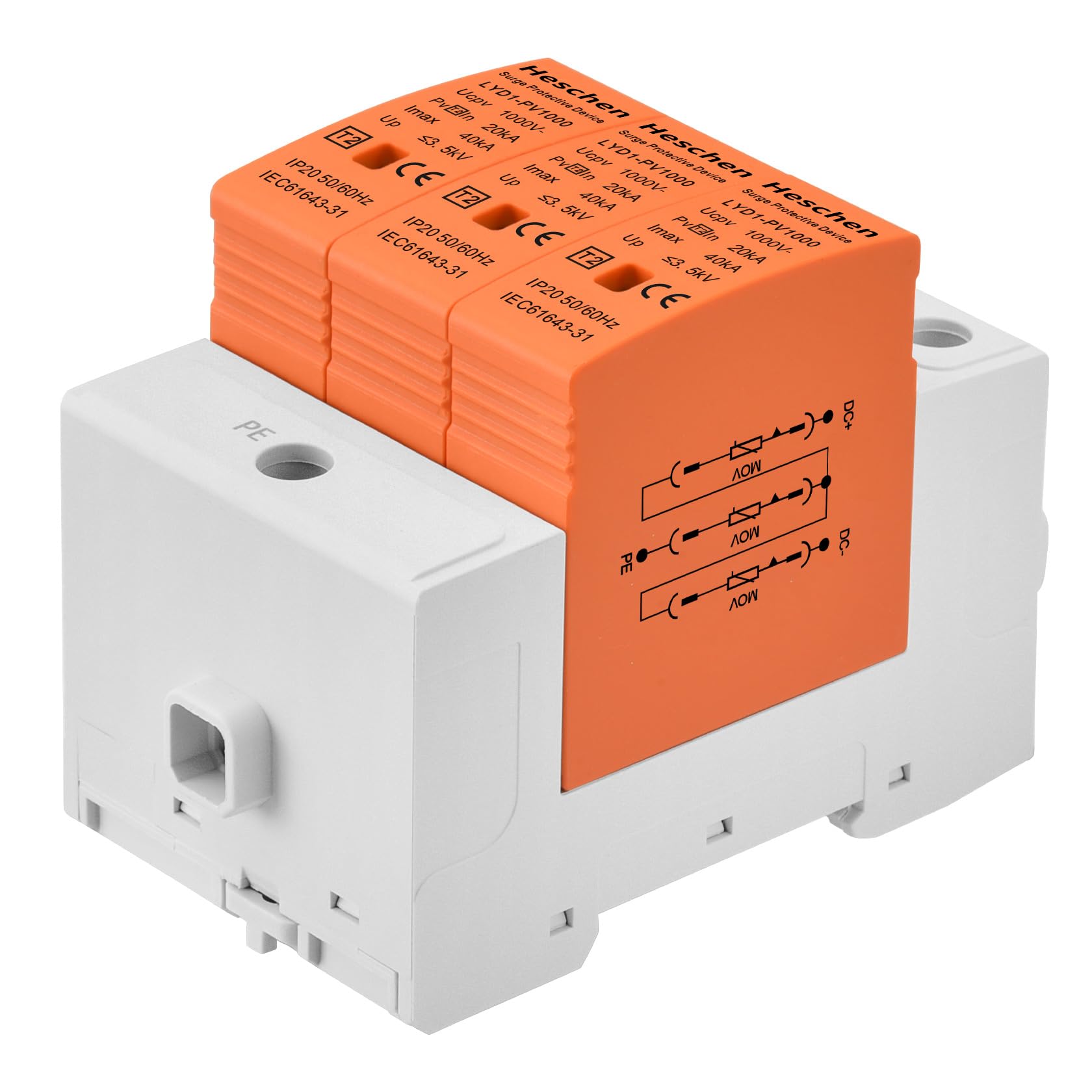Heschen LYD1-PV1000 Dispositivo di protezione contro le sovratensioni PV 3P 1000VDC 20KA guida DIN 35mm