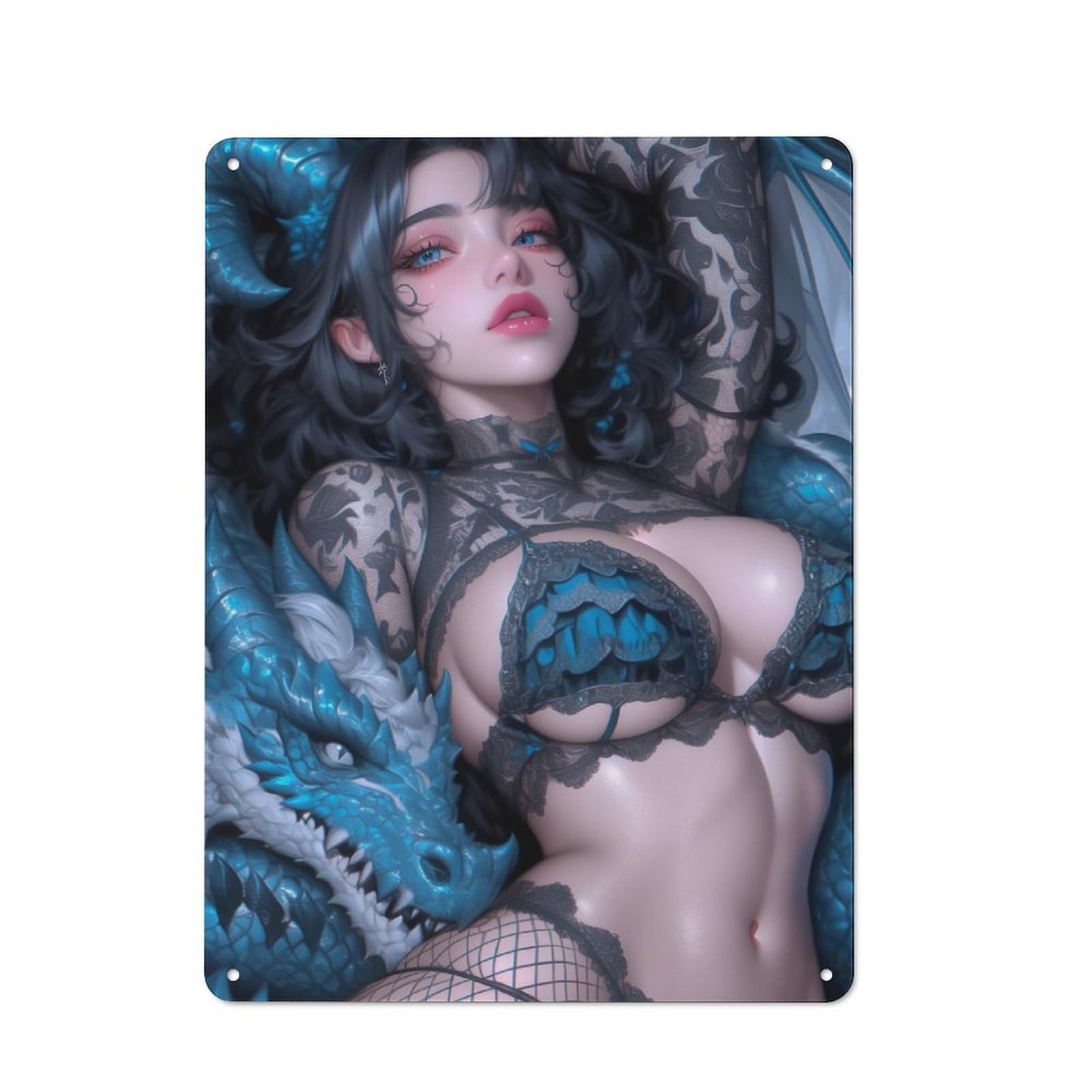 Modern Retro Metal Wall Art Sign 40x30cm Featuring Dragon And Woman, Urban Room Decor for Workspace, Cafe, Hallway Or Garage