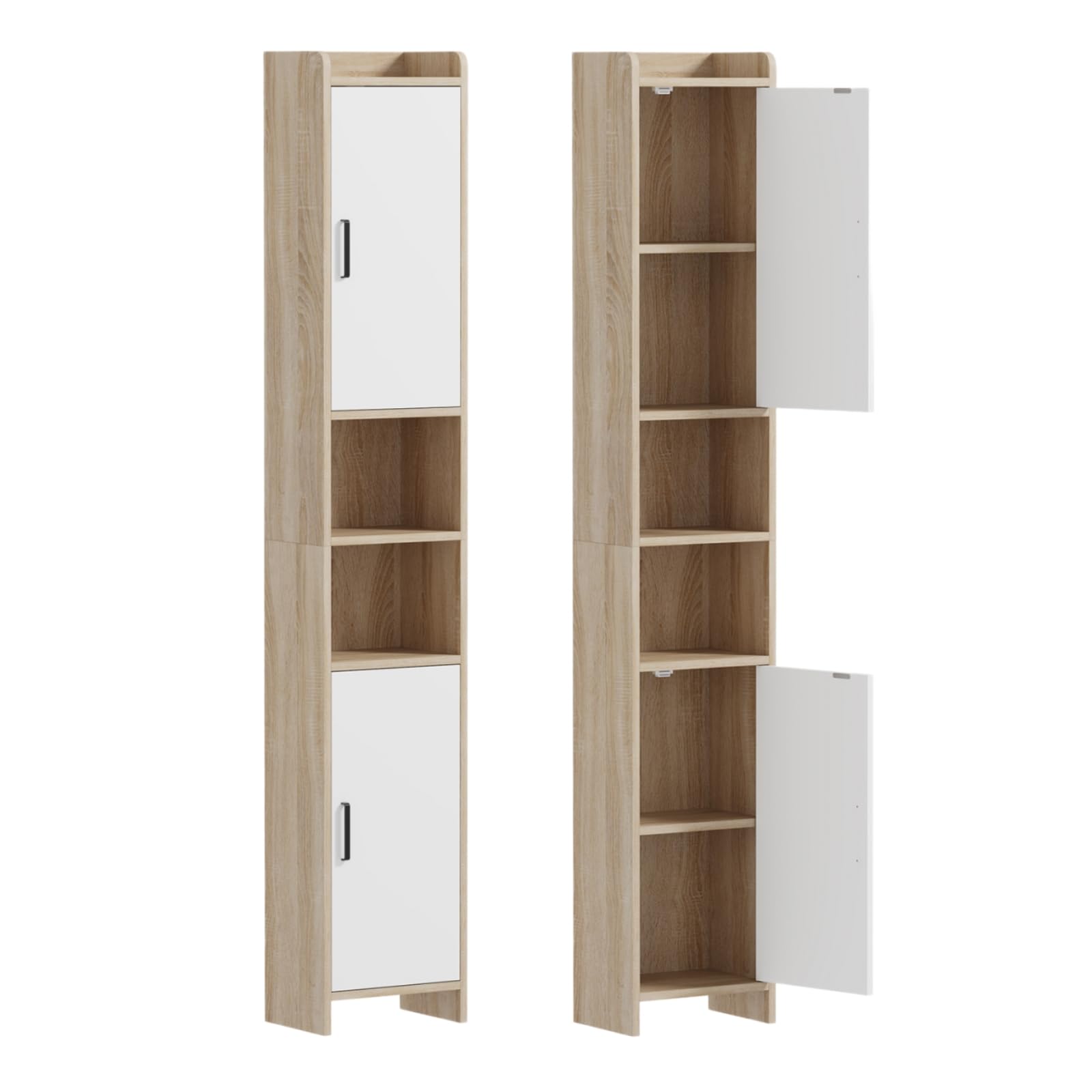 Homullel Bathroom Tall Cabinet, Narrow Bathroom Storage Unit with 2 Doors & Open Compartments, Slim Kitchen Cabinet for Small Spaces, Freestanding Storage Cupboard, 30x20x170cm, White/Maple