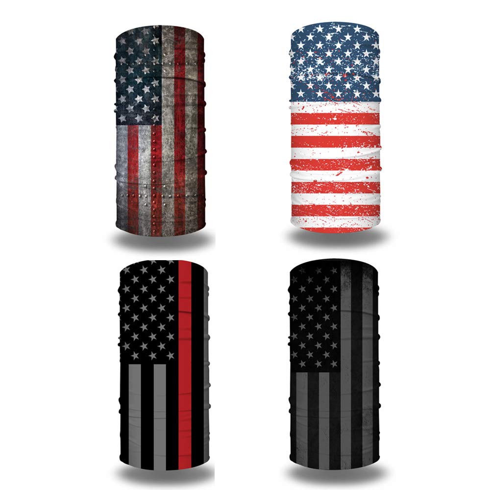 LARRITS 4 Pack Old Glory Flag Glory Face Bandana Rot Neck Gaiter Tube Headwrap Scarf Face Cover Shield For Men Women