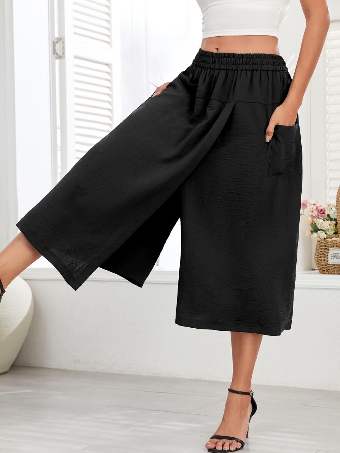 Women's Novelty Pants Relaxed Fit Capri Culottes Flowy Palazzo Skorts with Pockets - Image 3