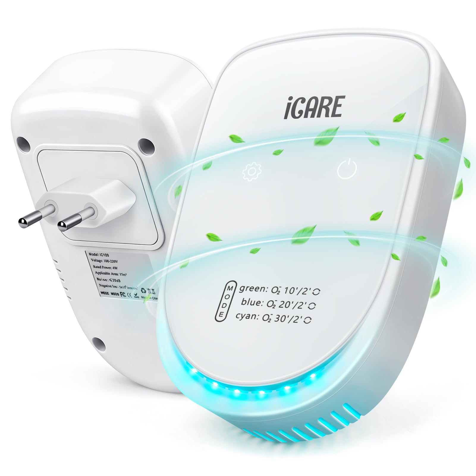 ICARE Purificador de Aire, Plug in Purificador de Aire de Iones Negativos con 3 Modos de Iluminación, Silencioso Ionizador de Aire Libre de Ozono para Dormitorio, Casa, Sala de Estar, Sala de Mascotas