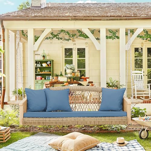 Image of HOMREST 3-Person Wicker Porch Swing with Upgraded Cup Holder, 56 Inch Patio Hanging Swing Bench Chair with Cushions, Outdoor Swing 900lbs Capacity Chains for Deck Garden Backyard (Blue)