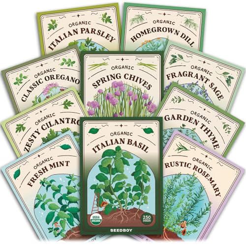 Seedboy Organic 10 Herb Variety Pack: Basil, Cilantro Mint Oregano Parsley Thyme Chives Dill Sage Rosemary for Planting Indoor and Outdoor, 5460 Non-GMO USDA Certified Seeds (10 Herb Variety Pack)