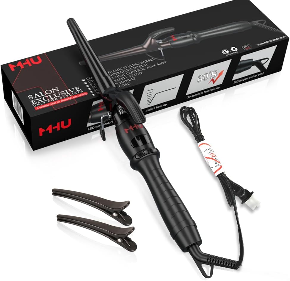 MHU PRO Tapered Curling Wand with Short Clamp, 1-1/2 Inch Curling Iron One Barrel Multiple Size, 9 Temperature Settings for 280℉-400℉, Automatic Shut-Off