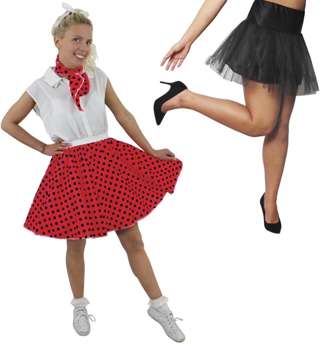 Ladies Polka Dot Skirt Fancy Dress Costume - Short White Polka Dot Skirt With Matching Scarf And Underskirt - Underkirts Available In 5 Colours