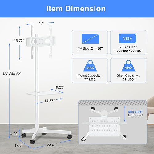 Miniatura 6 de suptek Carrito de TV móvil blanco para televisores de pantalla LCD LED planacurvada de 21 a 60 pulgadas, Max VESA 400 x 400 con estante para laptop