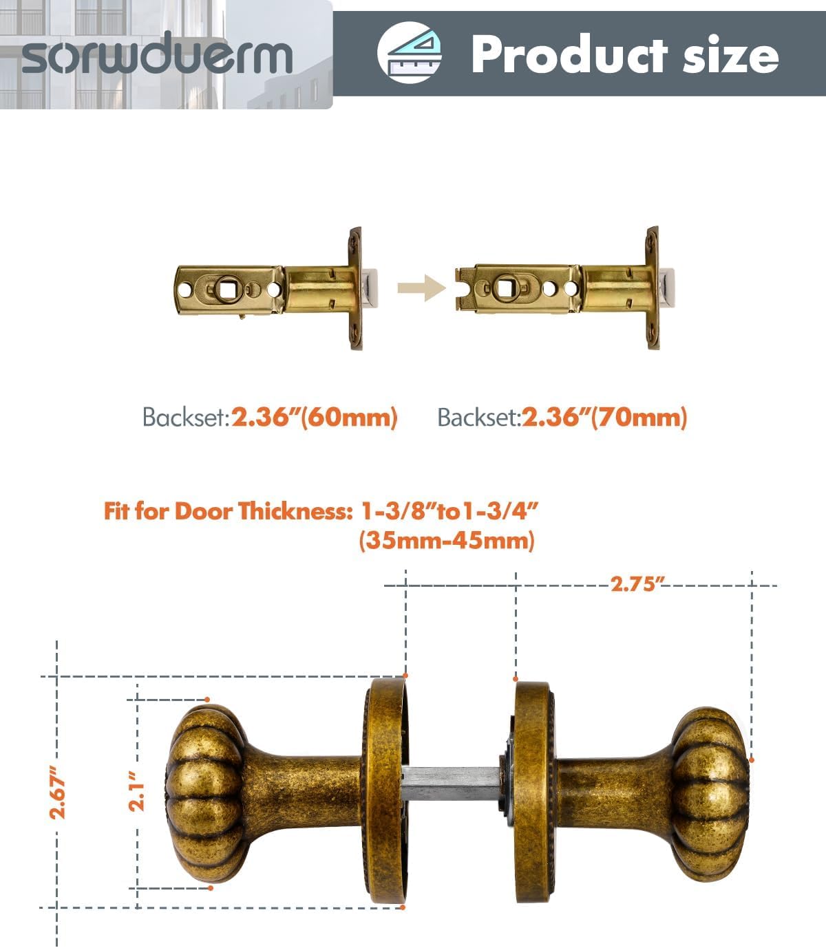 Antique Brass Door Knob Passage Door Knobs Interior Door Knob for Hall and Closet,Zinc Alloy 1 Pack