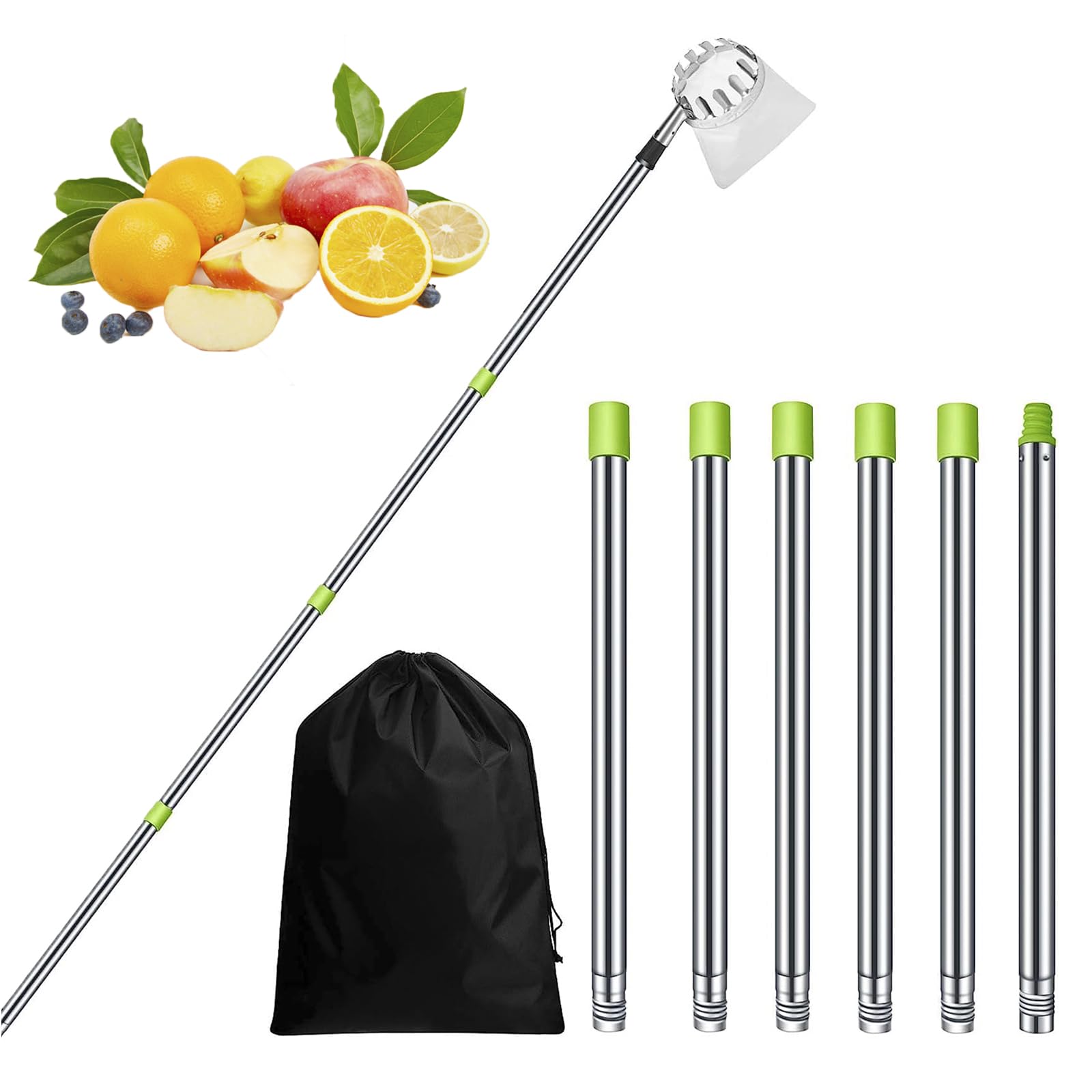 Raccoglifrutta 2.4M, Strumento Raccogli Frutta con Aste di Prolunga in Acciaio Inossidabile, Raccoglitore Frutta per Mela Avocado Mango Pera Limone Arancia e Altri Frutti