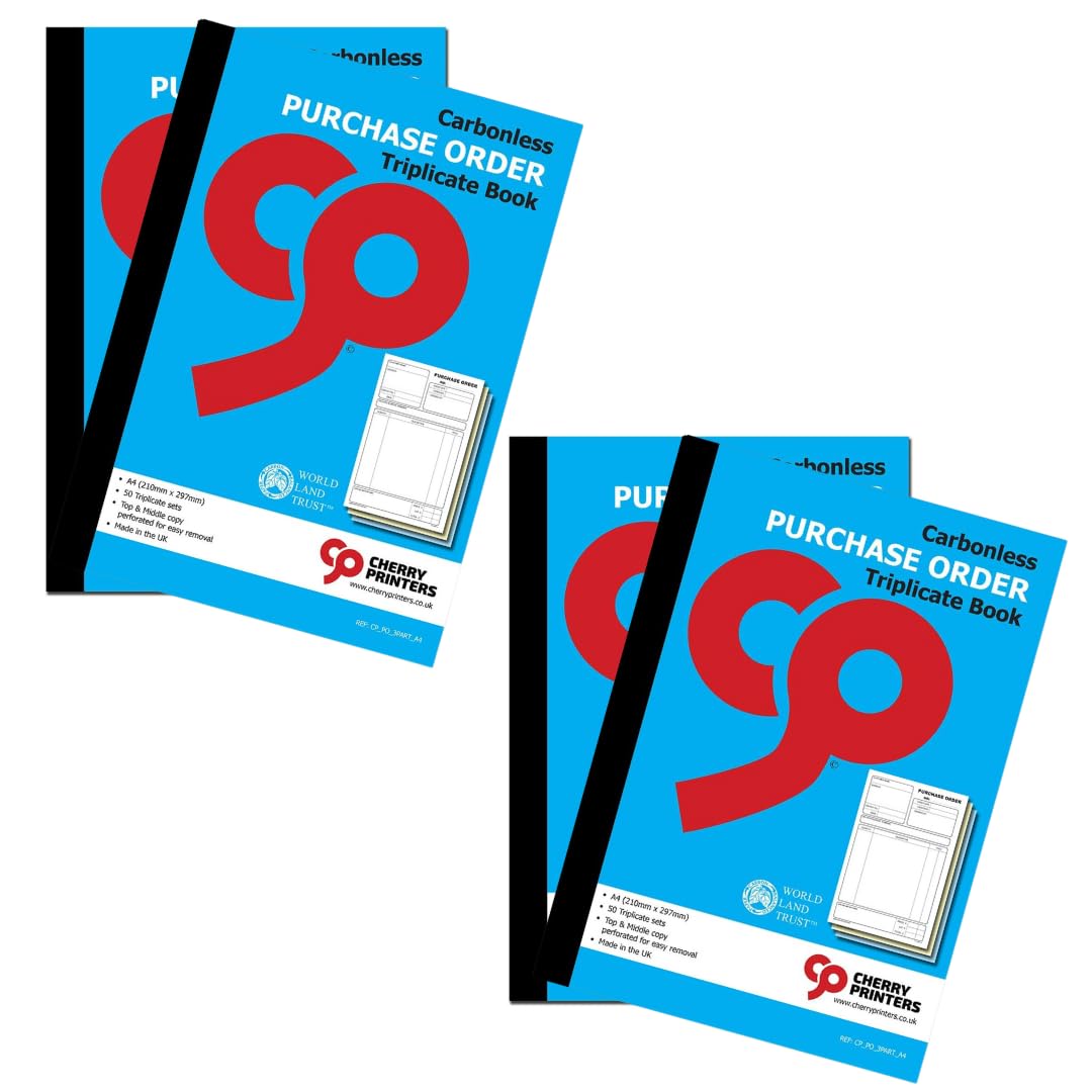 Cherry Printers Carbonless Purchase Order Triplicate Book A4 | 3 Part NCR Order Book | 50 Sets | Perforated Easy Tear Copies | Purchase Order Forms for Business Office Self Employed **4 Pack**