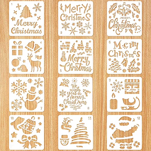 Pochoir Noel, 12 Pièces Petit Pochoir Peinture en Plastique Réutilisable pour Bullet Journal Scrapbooking, Fabrication de Cartes Artisanales, Décoration de Noël, Cadeau Noel Enfant Cover