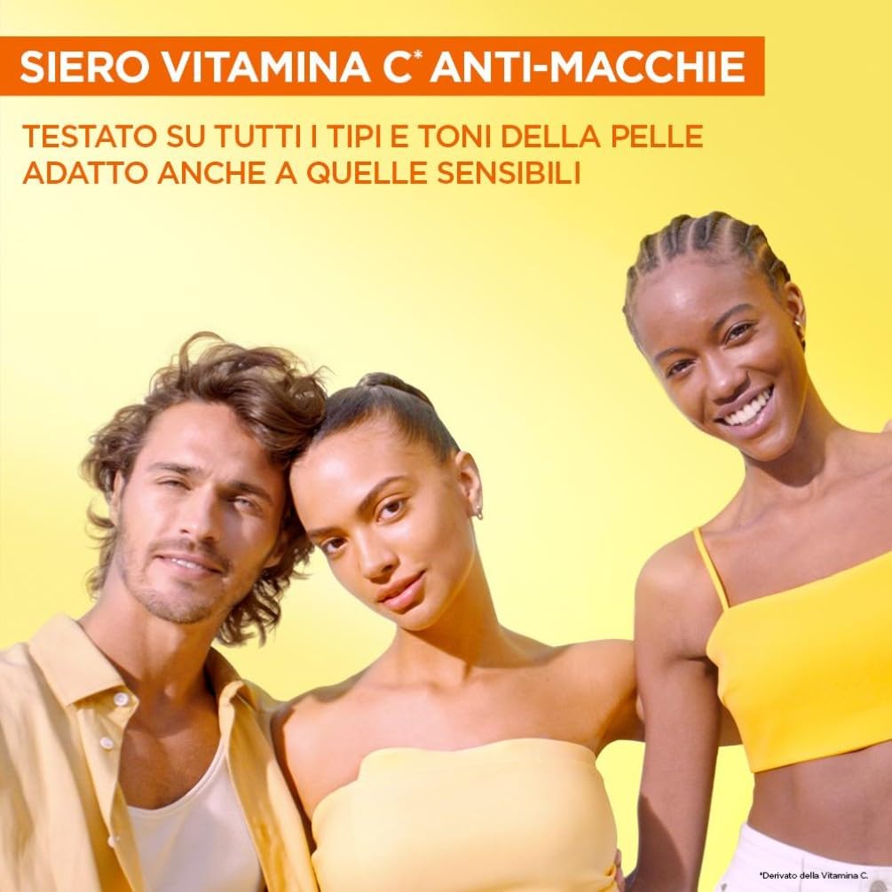 Garnier Siero Viso Vitamina C Anti-Macchie, Illuminante e Rimpolpante, Arricchito con Vitamina C, Niacinamide e Acido Salicilico, Pelle Libera dalle Macchie Scure in 6 Giorni, Incarnato Luminoso, 30ml