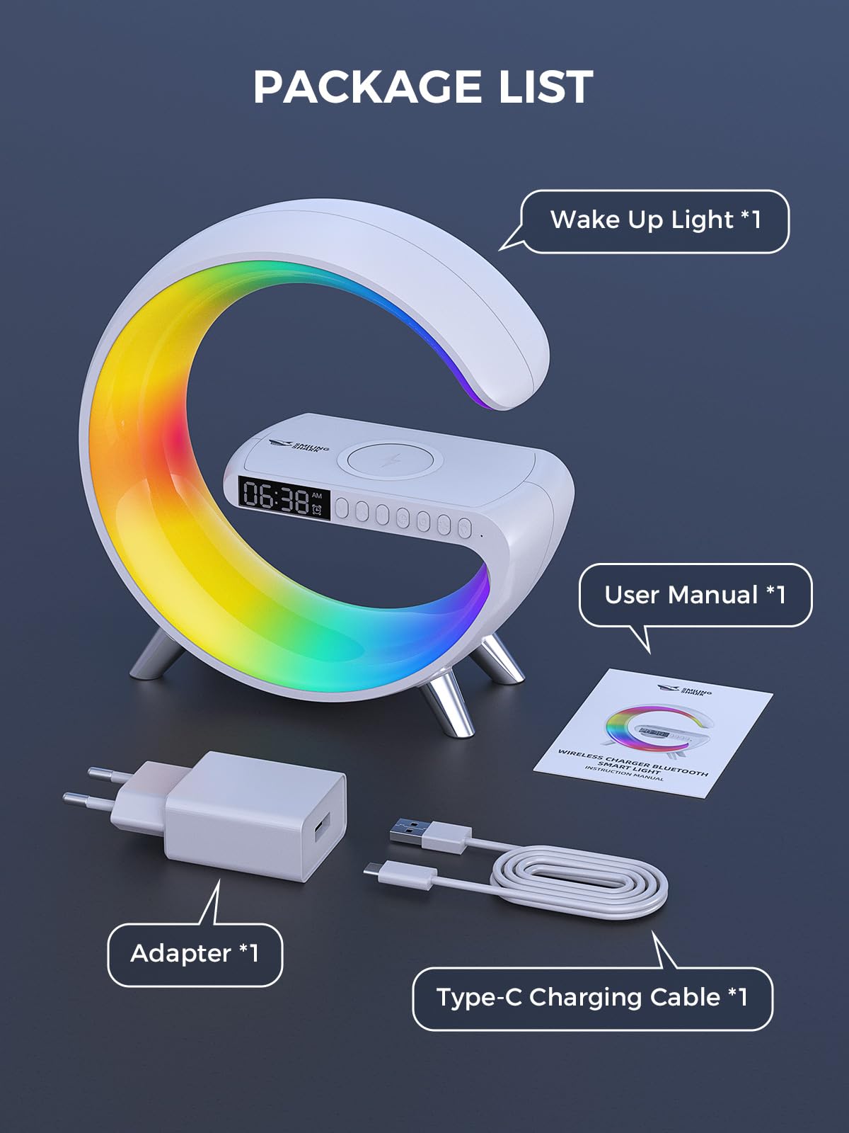 Smiling Shark Intelligente LED Sveglia Luce, Lampada Sveglia Atmosfera con Altoparlante Bluetooth & Ricarica Senza Fili Controllo App Dimmerabile Smart Wake Up Light per Casa Decorazione Regalo