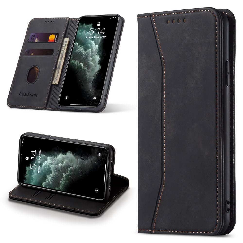 Leaisan Handyhülle für iPhone 11 Pro Hülle Premium Leder Flip Klappbare Stoßfeste Magnetische [Standfunktion] [Kartenfächern] Schutzhülle für iPhone 11 Pro 5,8 Zoll Tasche - Schwarz