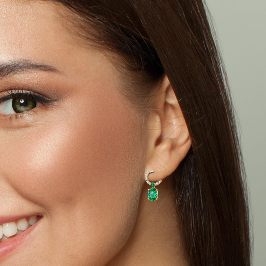 Peora 14K Yellow Gold Created Colombian Emerald and Lab Grown Diamond Open Hoop Drop Earrings, 2.80 Carats Total Oval Shape 8x6mm, Friction Backs, May Birthstone