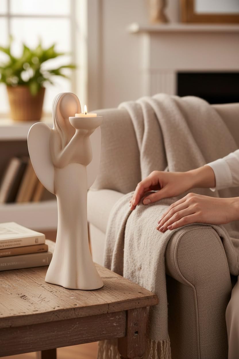 GILDE Deko Figur Engel Luciane Teelichthalter aus Keramik – Engelleuchter für Teelicht – Dekoration Tischdeko Geschenk – Farbe: Creme/Weiss Höhe 36,5 cm