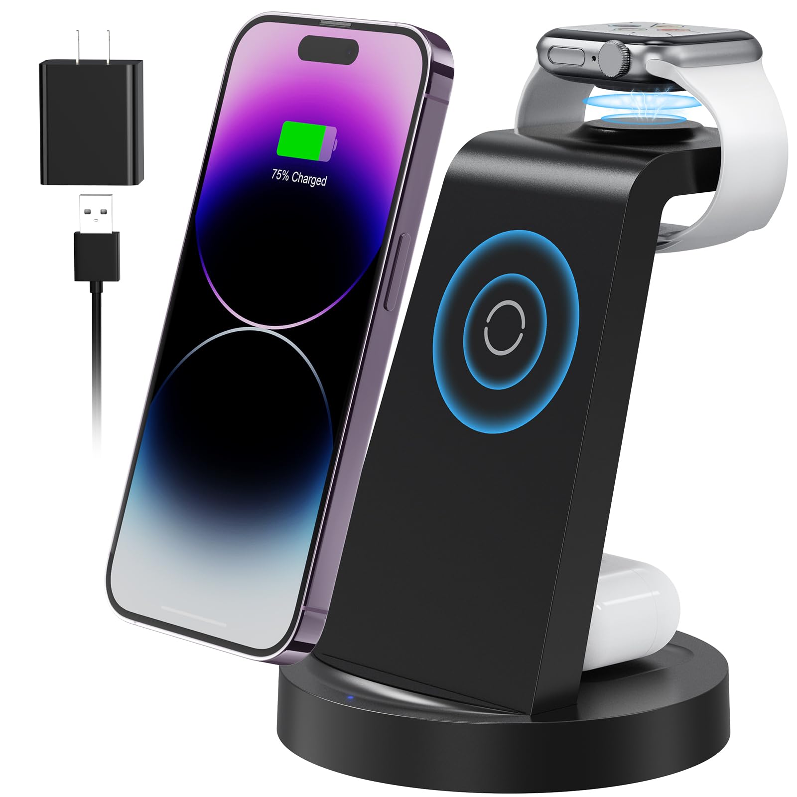 COOLBABY Wireless Charging Station, 3 in 1 Wireless Charger Compatible with iPhone 13 Pro/13/12/11/Pro/SE/XS/XR/X/8 Plus/8, Fast Wireless Charging Stand Dock for Apple Watch Series & Airpods
