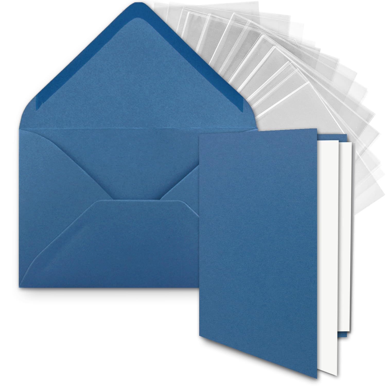 Lot de cartes pliables format B6 avec enveloppes, feuilles et pochette en cellophane 17 x 11,5 cm Idéal pour les cartes d'invitation et cartes de vœux - 75 Sets 18 - Bleu royal.