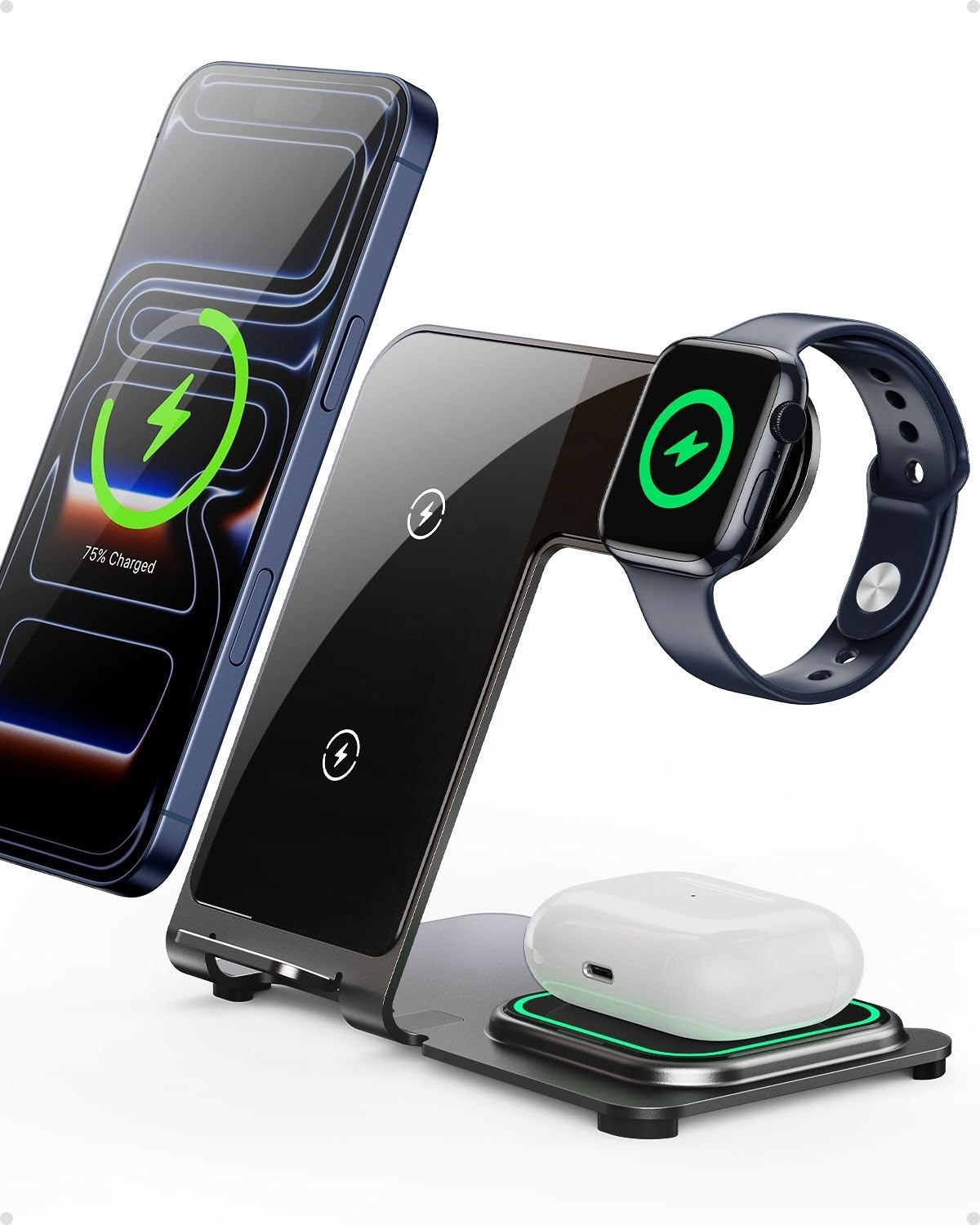 Estación de carga inalámbrica 3 en 1 para iPhone, Apple Watch, AirPods, soporte de carga rápida con indicador LED