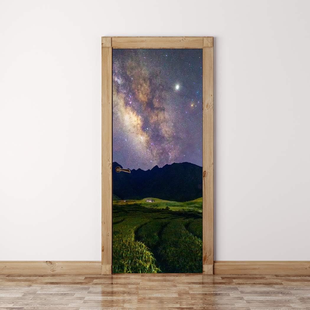 Door Mural Valley with Milky Way - Self Adhesive Fabric Door Wrap Wall Sticker