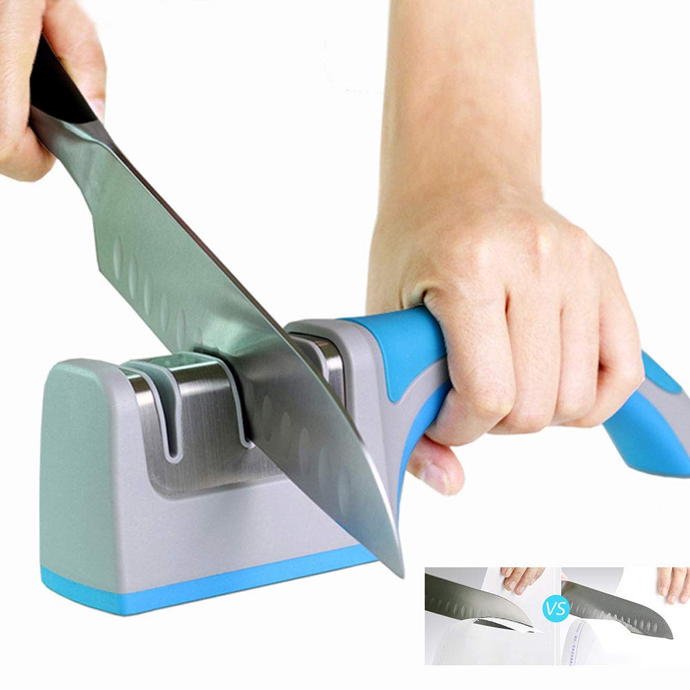DUYER Affilacoltelli da Cucina, Temperamatite Manuale A 3 Stadi Resistente all'Usura Risparmia Sforzo Antiscivolo Design Dell'Impugnatura di Facile Presa Ergonomico Blue