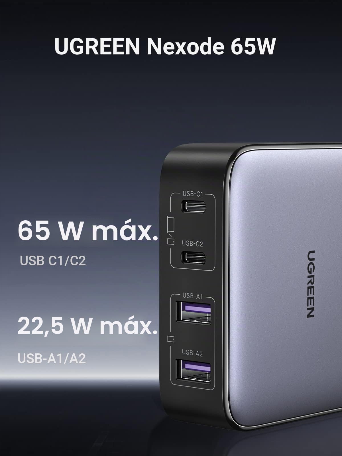 UGREEN Nexode 65 W 4 puertos cargador USB C rápido de escritorio con GaN II Tech compatible con iPhone 16 Plus Pro Max 15 14 13 12 MacBook Pro Air iPad Galaxy S24 Ultra Plus, 2 M cable de alimentación