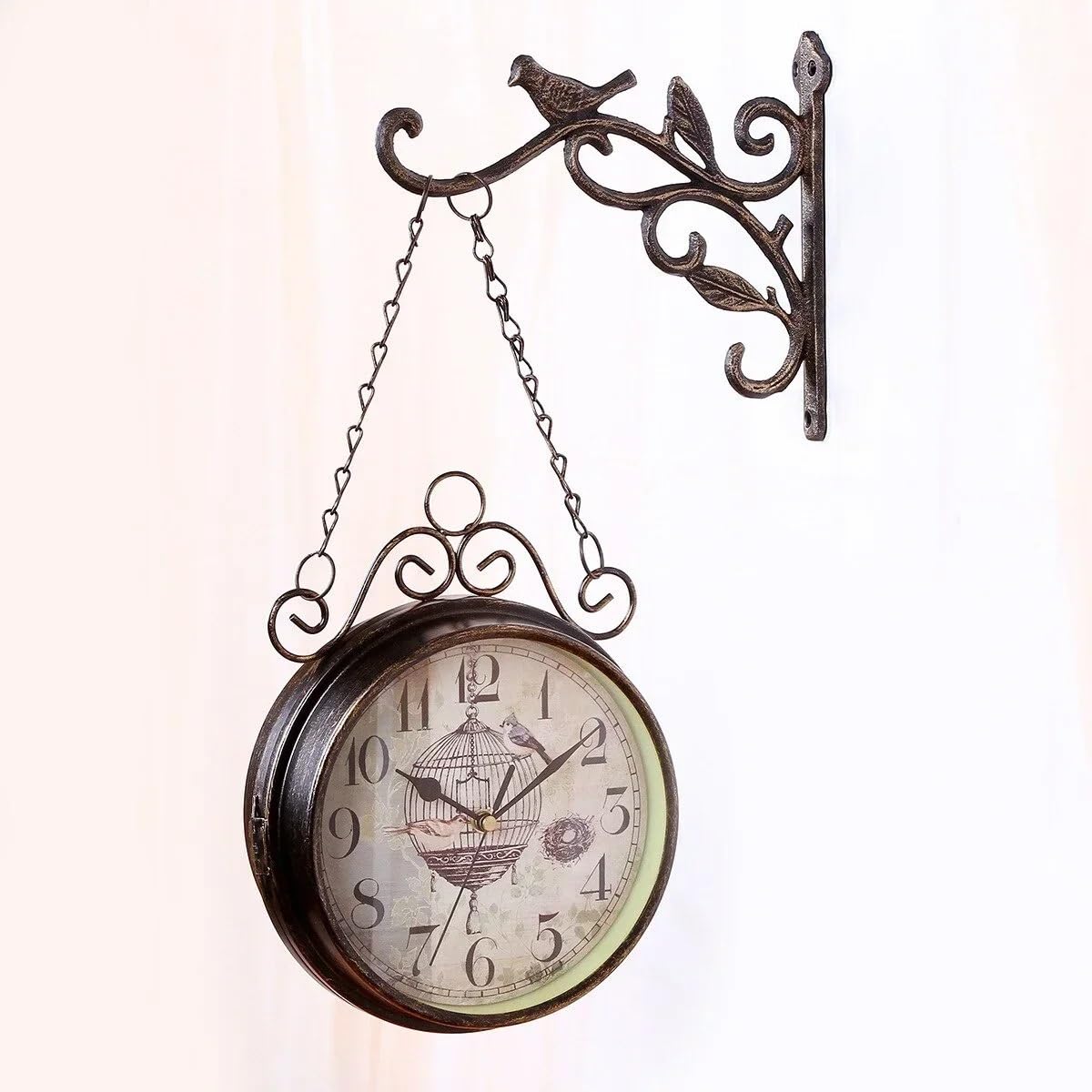Horloge Exterieure Etanche Horloge d'extérieur, Horloge Murale Ronde en métal Double Face Forme d'oiseau