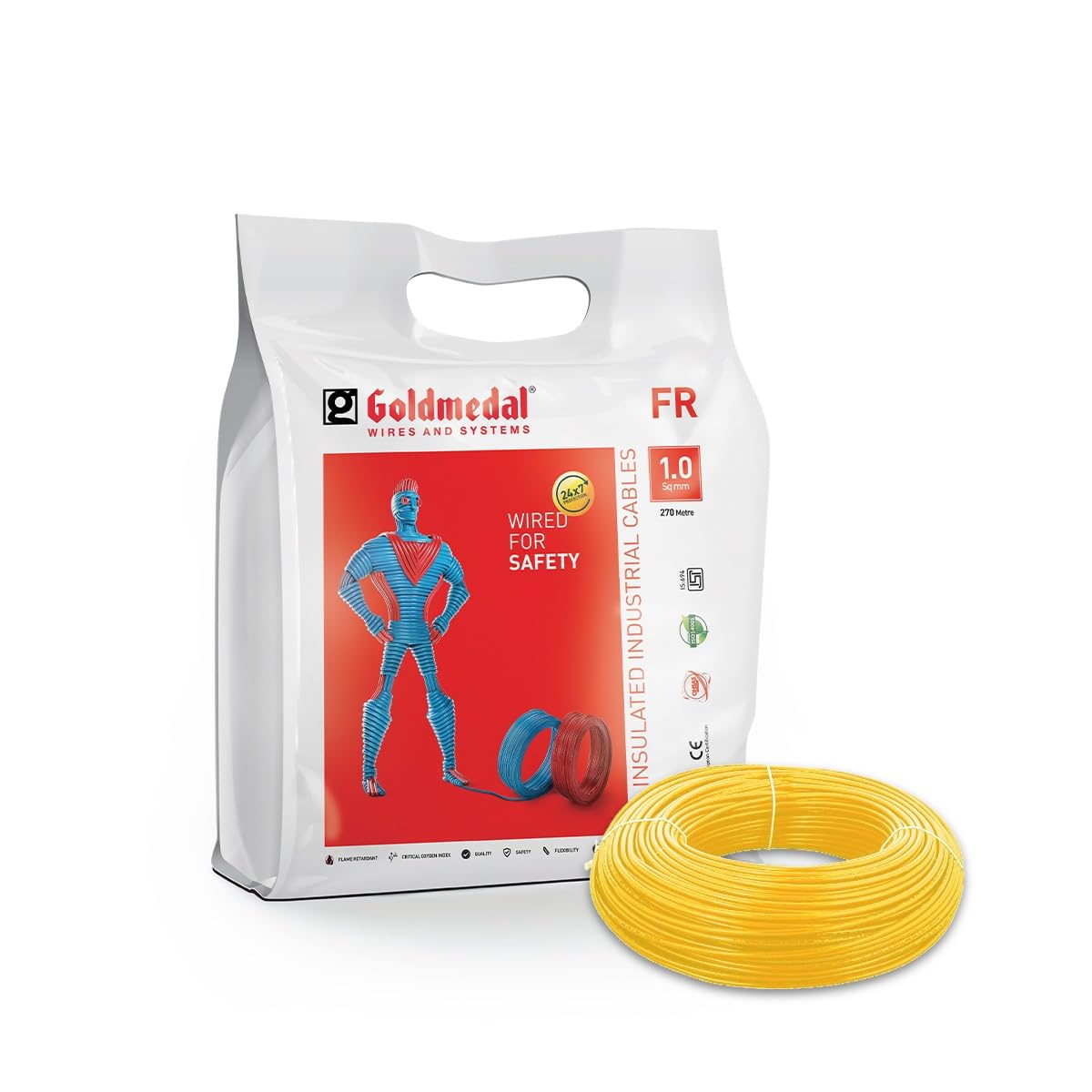 Goldmedal 1.0 Sq mm Fire Retardant Electric Wire | 45 Meter PVC Insulated Single Core Copper Wire | Flexible Electrical Cable for Home, Domestic & Industrial Use | (Yellow)