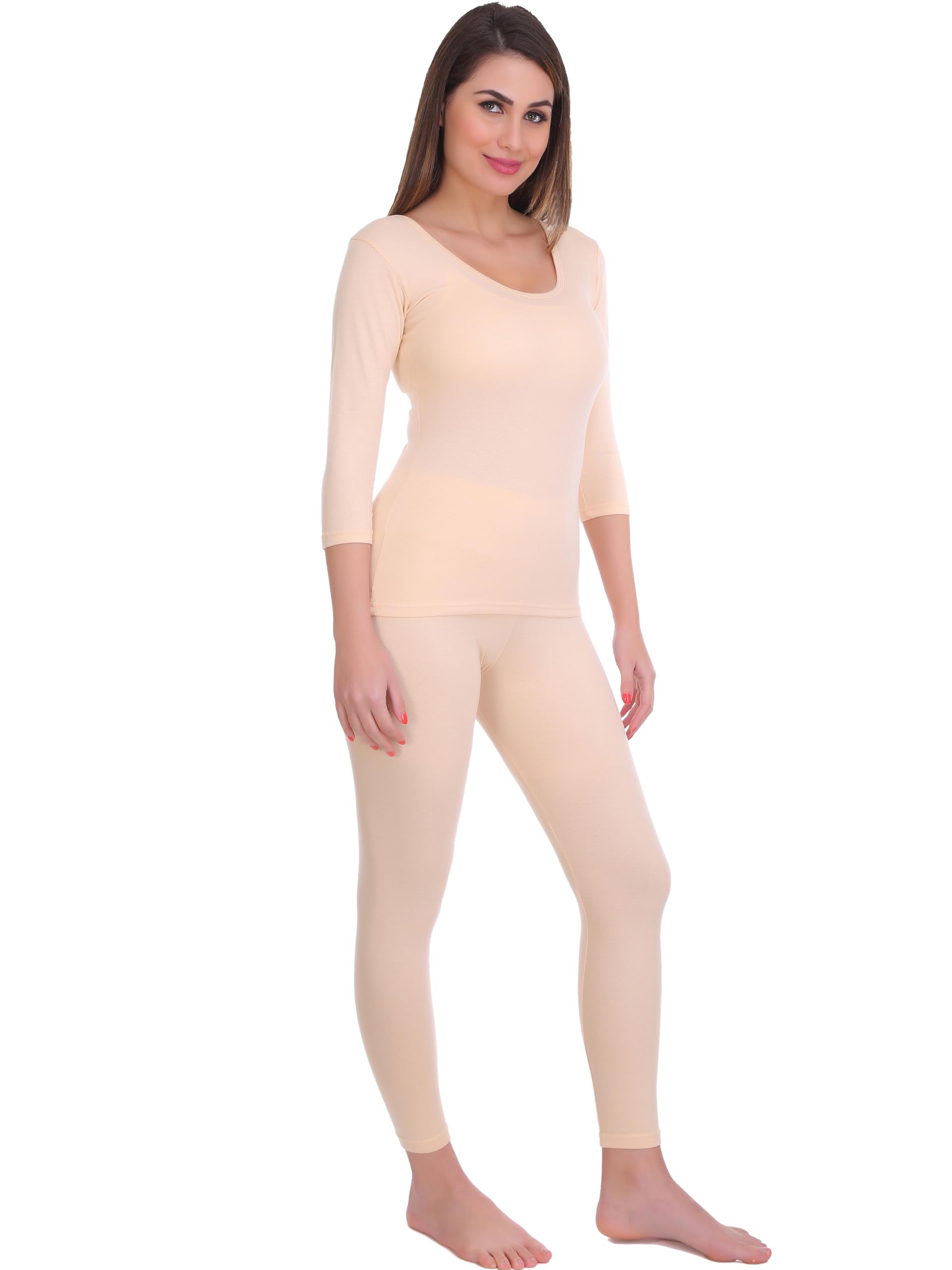 Selfcare Women Solid Cotton Blend Round Neck Beige Thermal Set (SW0557-L) - Image 3 thumbnail