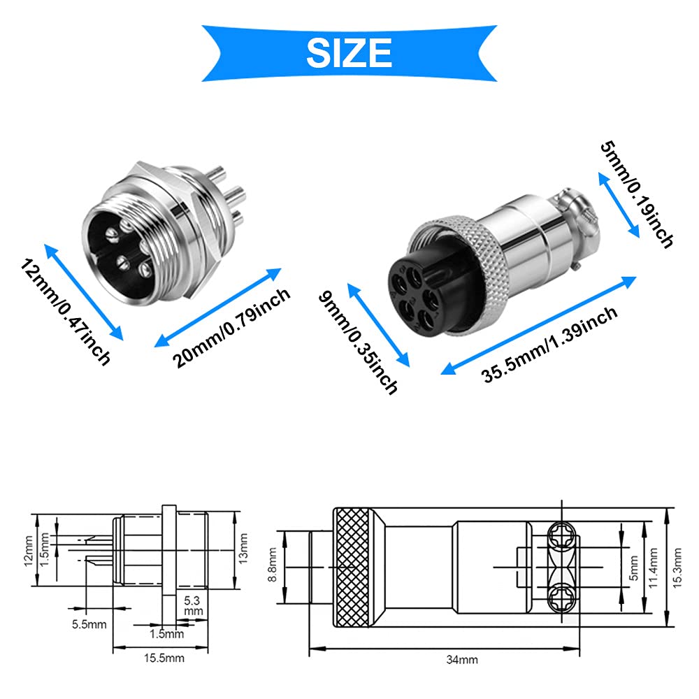 Connecteur Aviation GX12 2 Broches Mâle/Femelle - Lot De 6 + Couvercles Étanches | Alliage Zinc | Pour Alimentation