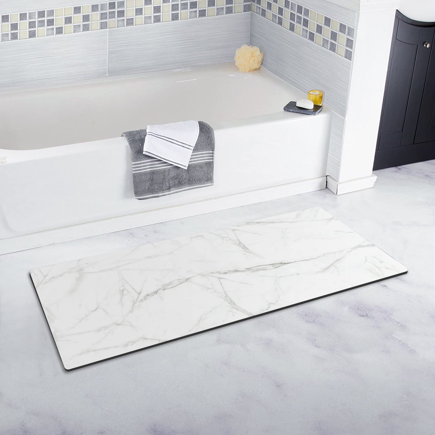 White Bathroom Rugs, GOYLSER Washable Long Bathroom Rugs Modern Bathmats, Non Slip Rectangle Bathroom Shower Rug Mat - Rubber Bath Mat Carpet, Super Absorbent Bathroom Floor Runner Mats (White Marble)