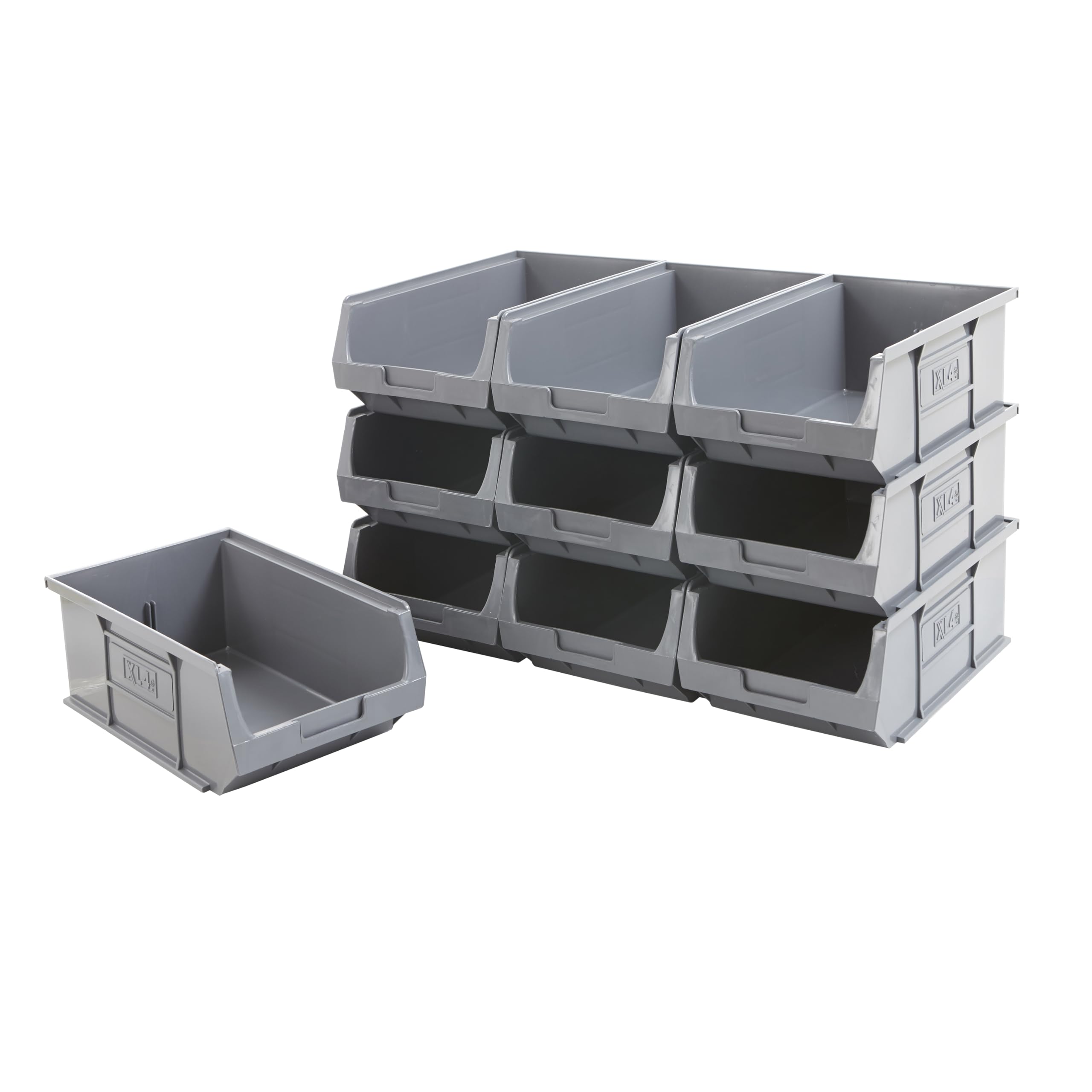 Bigdug Grey Plastic Parts Bins - Stackable Or Wall Mounted Storage Boxes Garage Organiser Louvre Free Standing - Pack Of 10 - 125H X 200W X 355D Mm