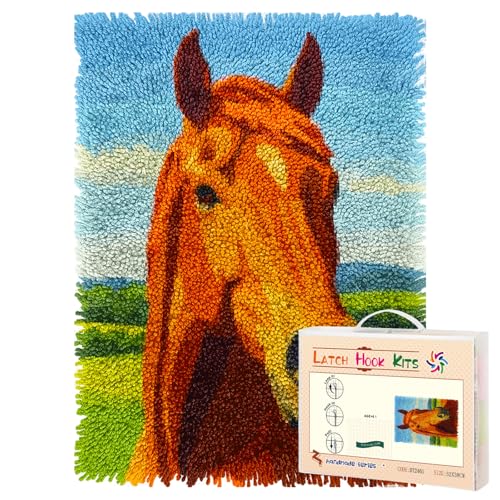 Latch Hook Rug Kit Brown Horse Head Portrait Pre-Printed Handmade Carpet Crochet Yarn Craft DIY Hook and Latch Door Mat Tapestry for Home Floor Decoration 52x38cm-4