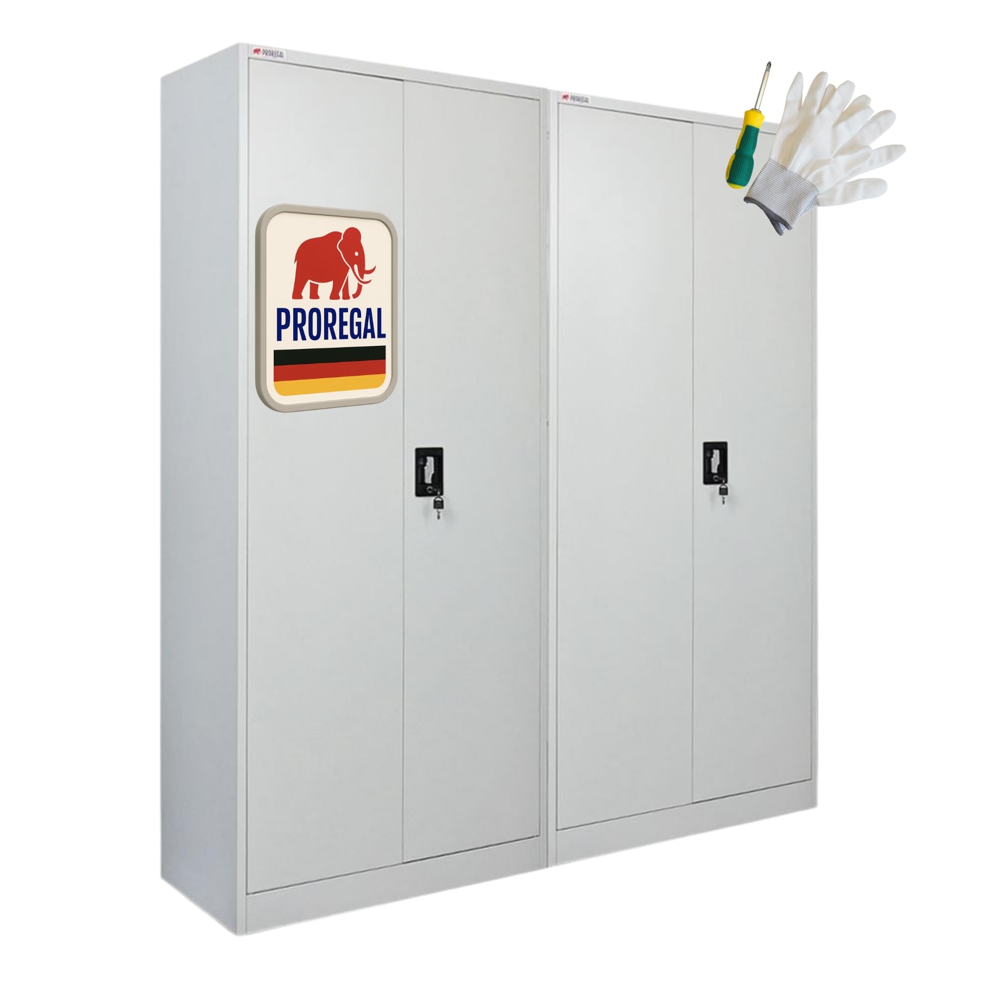 PROREGAL Mega Deal 2x Flügeltürenschrank ELEPHANT Metall Spind abschließbar 2 Türen 180x80x40cm Stahl 6 Fächern & Kleiderstange Stahlschrank Pulverbeschichtung Lichtgrau Garderobenschrank Aktenschrank