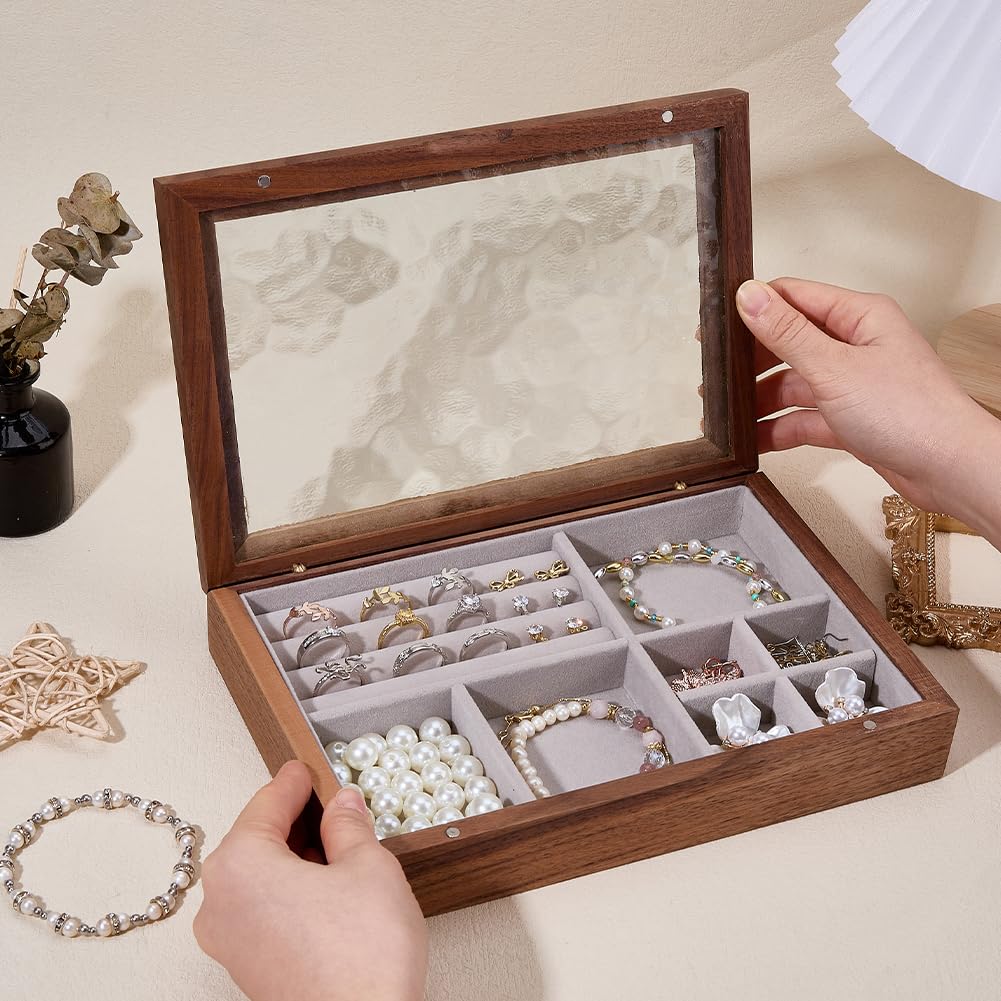 DICOSMETIC Boîte à bijoux en bois avec couvercle en verre - Organiseur de bijoux multi-compartiments - Vintage - Rectangulaire - Pour la maison, les voyages