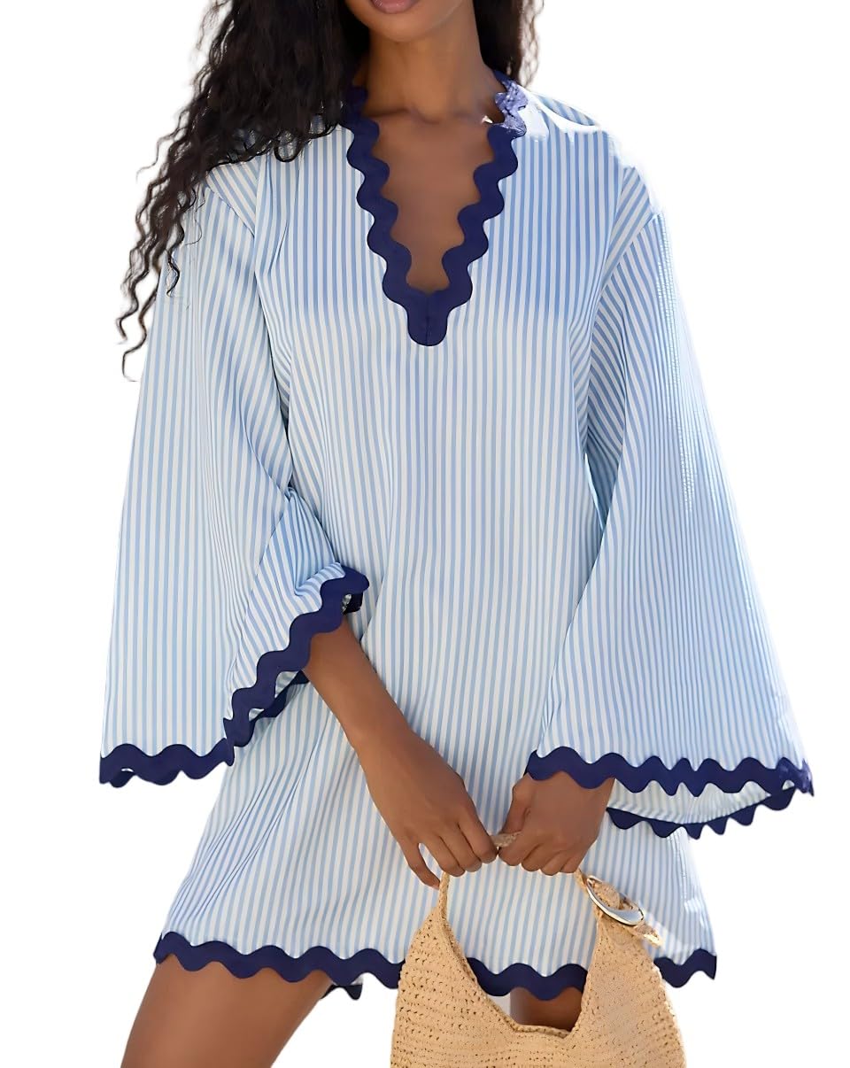 VAOYIU Abito da donna a righe con scollo a V, maniche a campana fluide con bordo ondulato, stile caftano da spiaggia