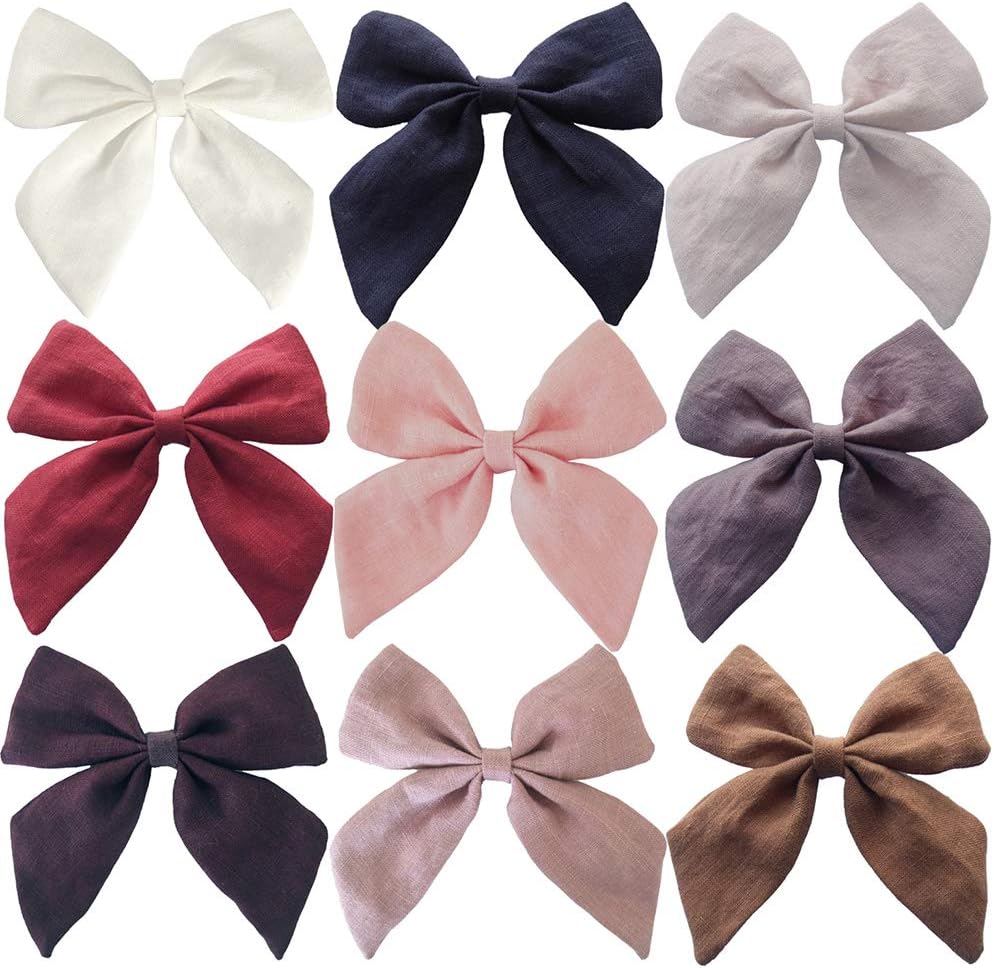 Mary Paxton9PACK Linen Fabric Bows,4.5inch Hair bow Hair Clips Hair Barrettes Baby Girls Women Hair Accessories Headwear Infant Toddler Kids Teens White Red Blue Pink Brown