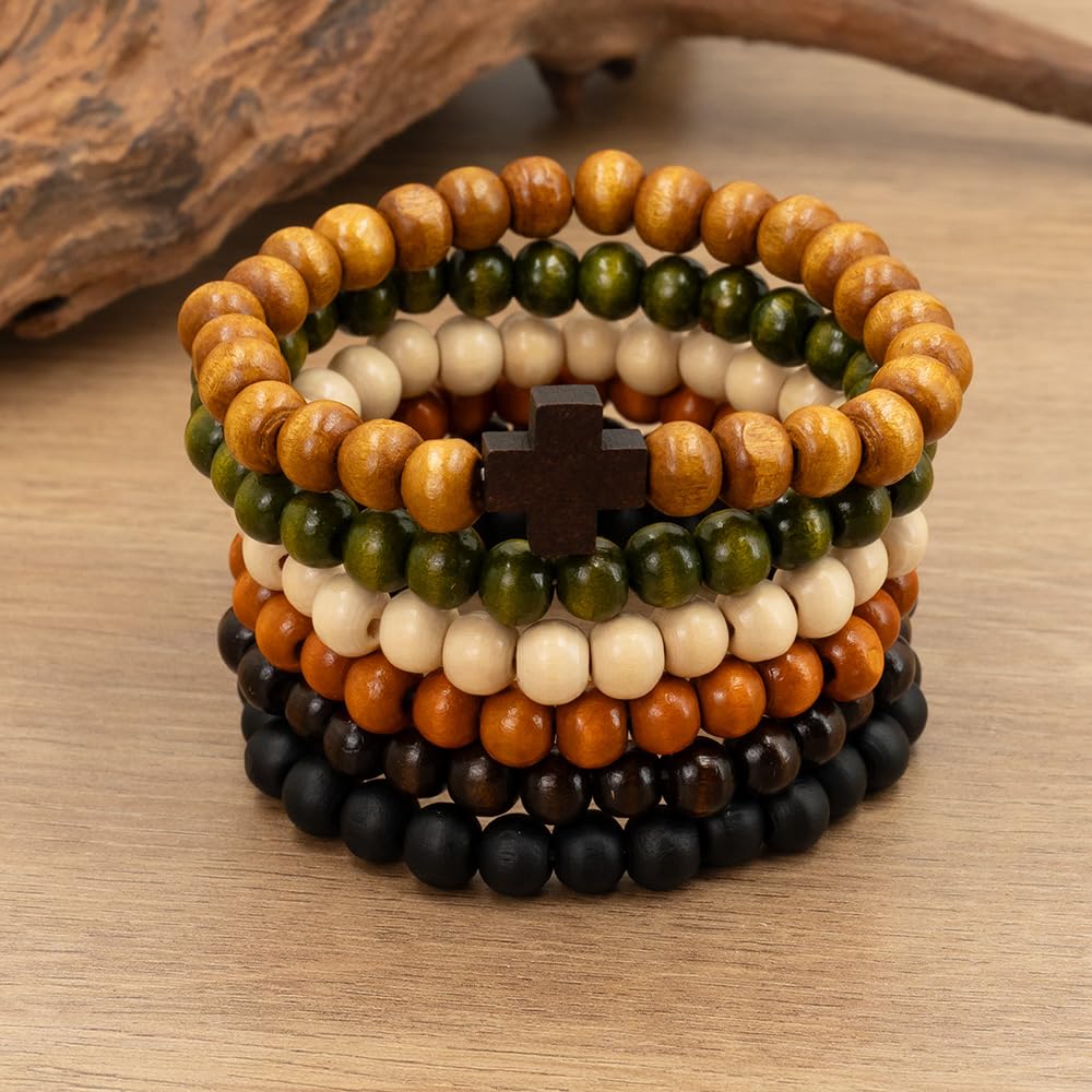 Zestaw 6 bransoletek z koralików drewnianych Stack, Cross Bangle - Bransoletki z koralików dla kobiet i mężczyzn, 8 mm okrągłe, elastyczne bransoletki z koralików, unisex, do jogi