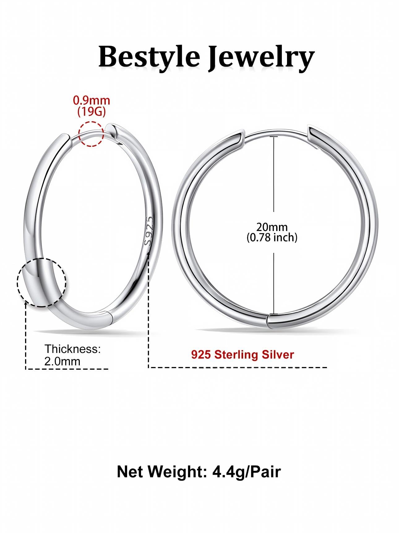 Bestyle Ohrringe Sterling Silber 925 Hypoallergene Creolen Gold/Silber