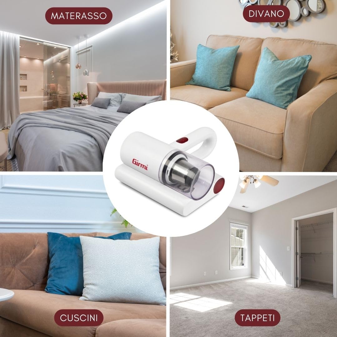 Girmi AP21 Battimaterassi, Aspiratore Anticari, Luce UV sterilizzante, Filtro HEPA, Cuscinetti VibraWave, Basso consumo 300W, Alta Potenza 10 kPa, Rimuove fino al 99% di allergeni e batteri, Bianco