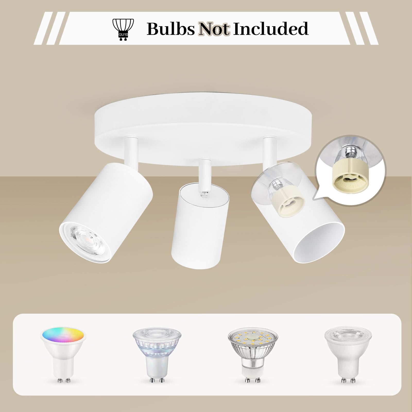 GeyouLux Lámpara de Techo Blanco 3 Focos, Moderno Plafón Foco de Techo LED Ajustables y Giratorios, GU10 Aplique Techo para Interior, Plafones de Techo Redondo para Salon, Dormitorio (Sin Bombilla)