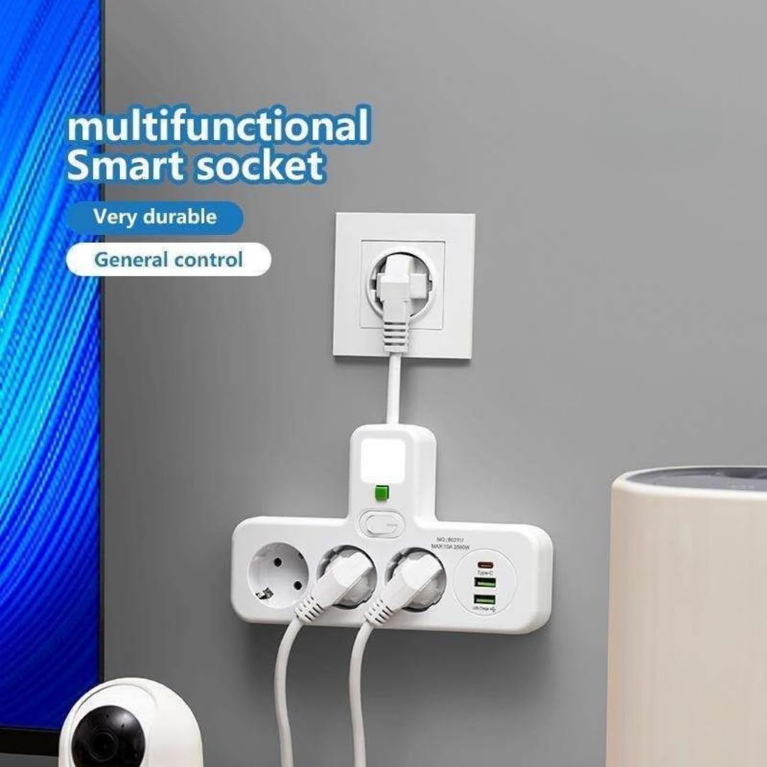 Jouis Akım Korumalı Priz Çoklayıcı Gece Lambalı - 2500W Grup Uzatma Prizi, 3 EU Priz Girişi ve 2 Akıllı USB ve 1 Type-C Portu, Seramik Korumalı Masaüstü Şarj İstasyonu