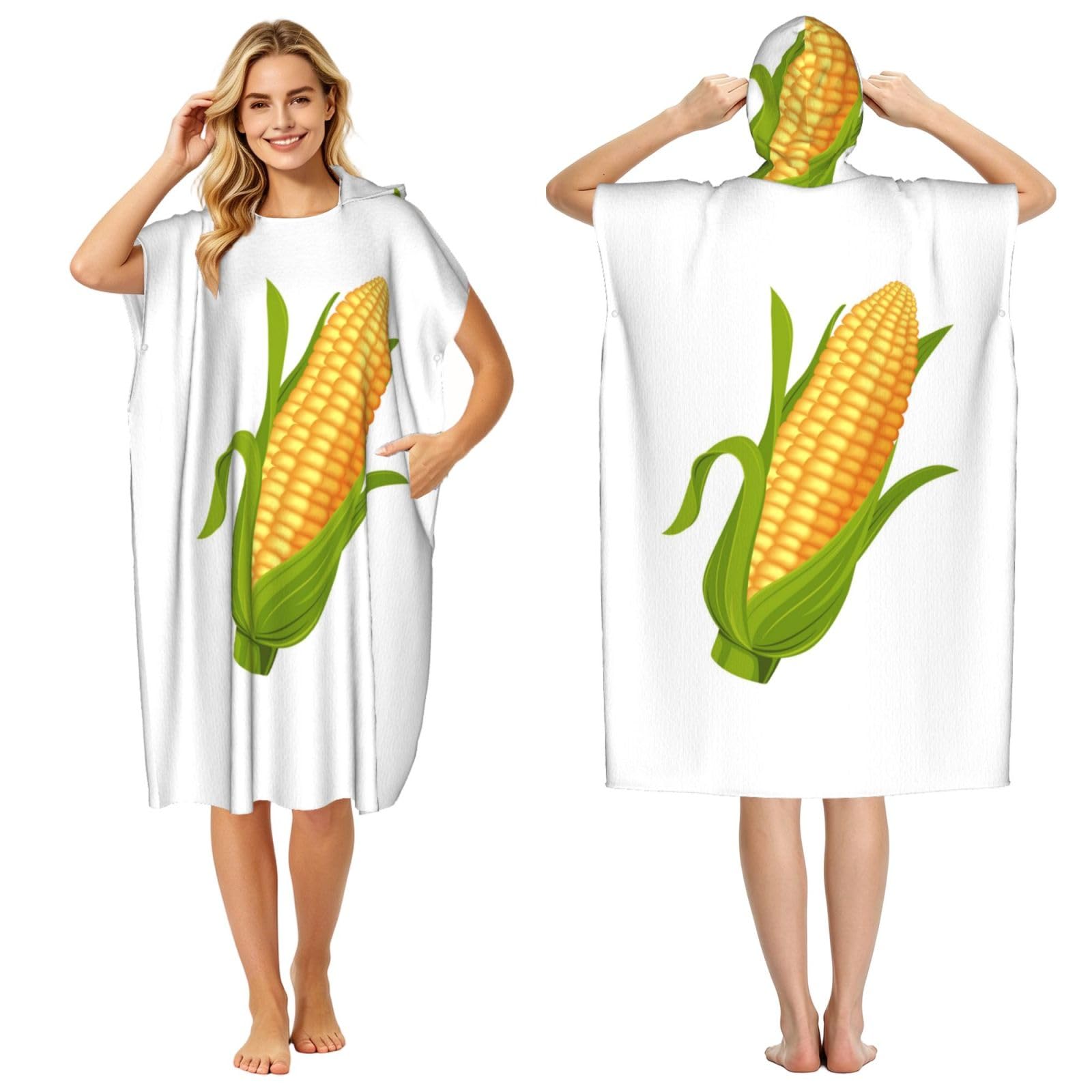Poadnly Fresh Ripe Corn Cobs Pattern, Adult Hooded Beach Towel 90 x 110 cm,Changing Bath Robe, Surf Poncho Towel For Women Men