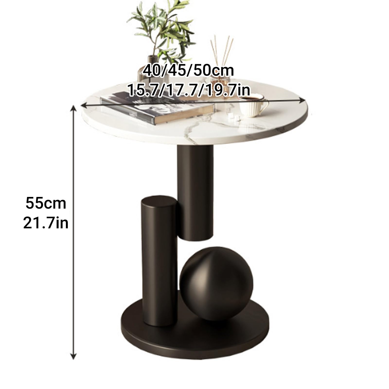 Elegante tavolino rotondo in marmo nero con base in metallo, mini tavolino per soggiorno e camera da letto, 40 x 55 cm, design moderno con angoli arrotondati
