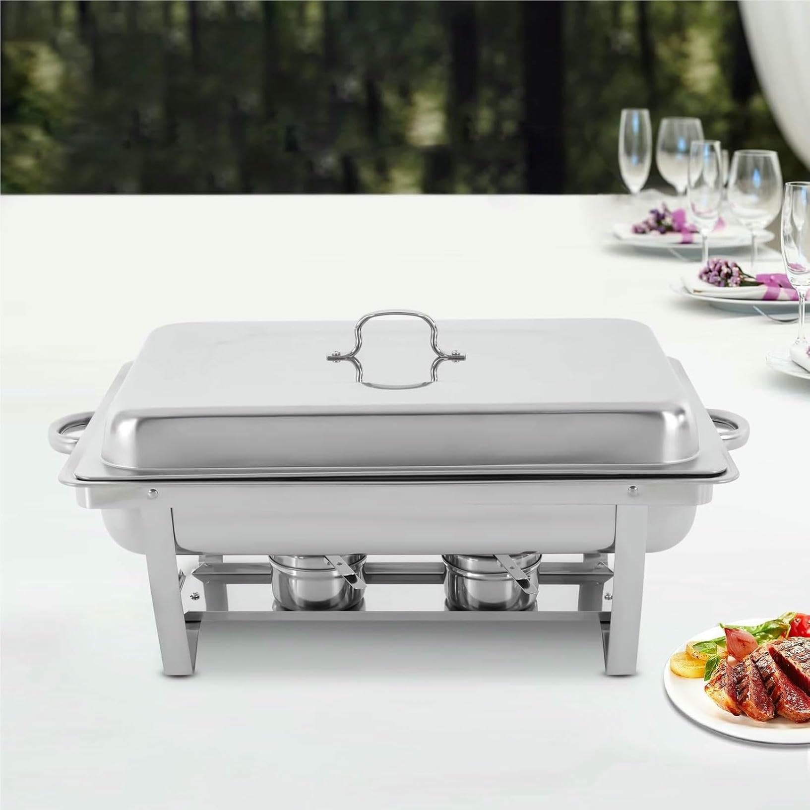 Set scaldavivande a 3 scomparti in acciaio inox, scaldavivande con combustibile solido alcolico, per feste, eventi, catering e buffet, supporti eleganti e durevoli