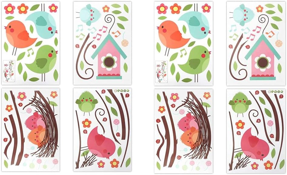 AMICER Juego de 4 coloridas ramas de bricolaje con flores pájaro y rama de árbol etiqueta engomada dormitorio rama pájaro pequeña casa nido etiqueta de pared niños