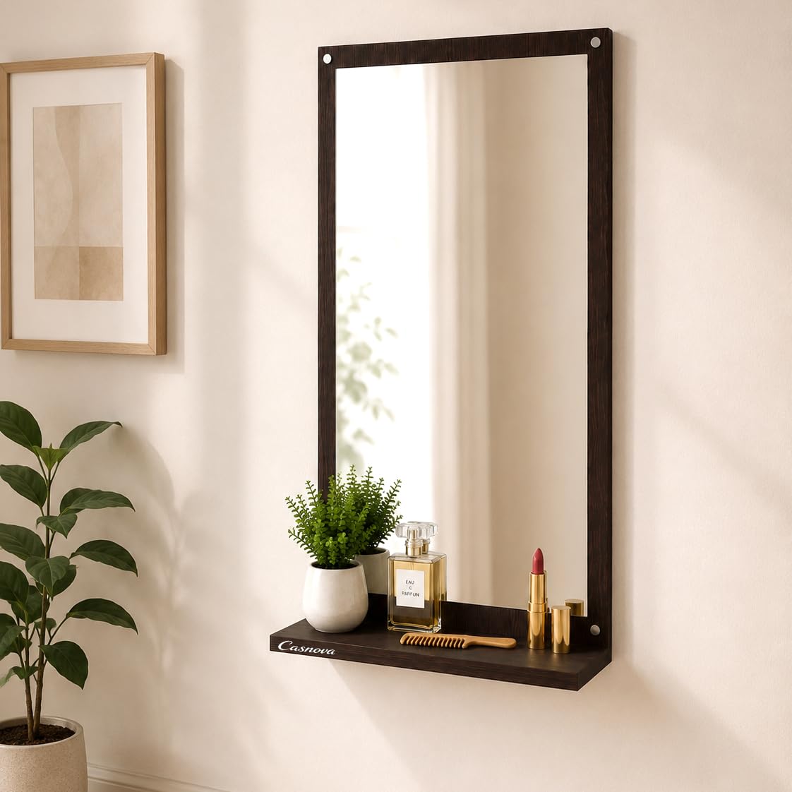 Casnova Dressing Mirror with Shelf (41 x 79 CM, Flowery Wenge) | Wall-Mounted Built-in Storage Shelf Dark Wood Finish 15mm Thick Frame Rectangular Design-image-11