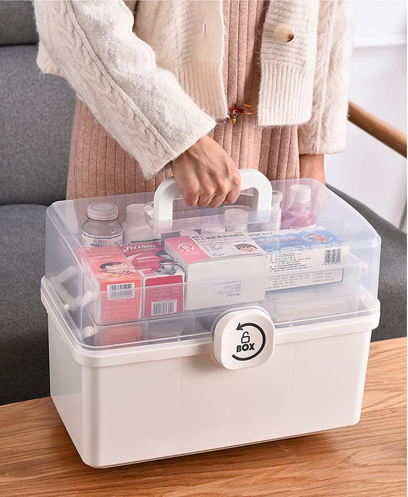 Porta Medicine Scatola a 3 Strati con Portapillole da 7 Giorni, Organizer Medicinali da Armadio, Assetta Pieghevole in Plastica, Scatola Cucito con Maniglia per il Trasporto (Bianco)