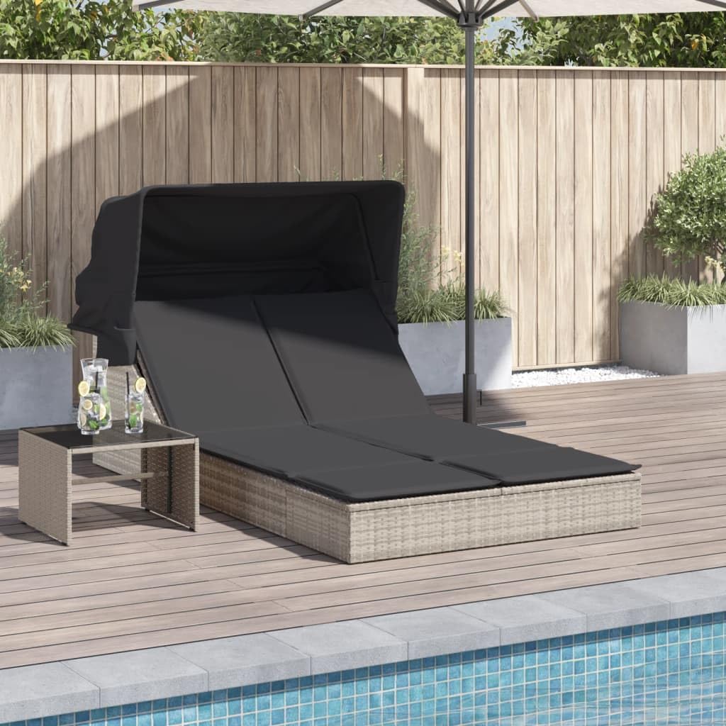 Homgoday Lit double auvent et coussins gris clair en polyrotin, décor de meubles, chaises longues, canapé-lit, lit de piscine, lit de jardin