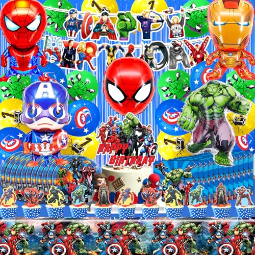 81 peças de louça de festa de super-heróis, conjunto de decoração de aniversário, decoração de aniversário, super-heróis, decoração de festas, pratos, chapéus de aniversário, toalhas de mesa e